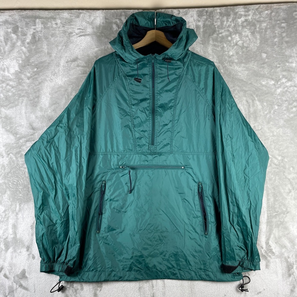Vintage 90s REI Anorak Jacket Mens L Green Quarter Zip Hooded Windbreaker Pocket